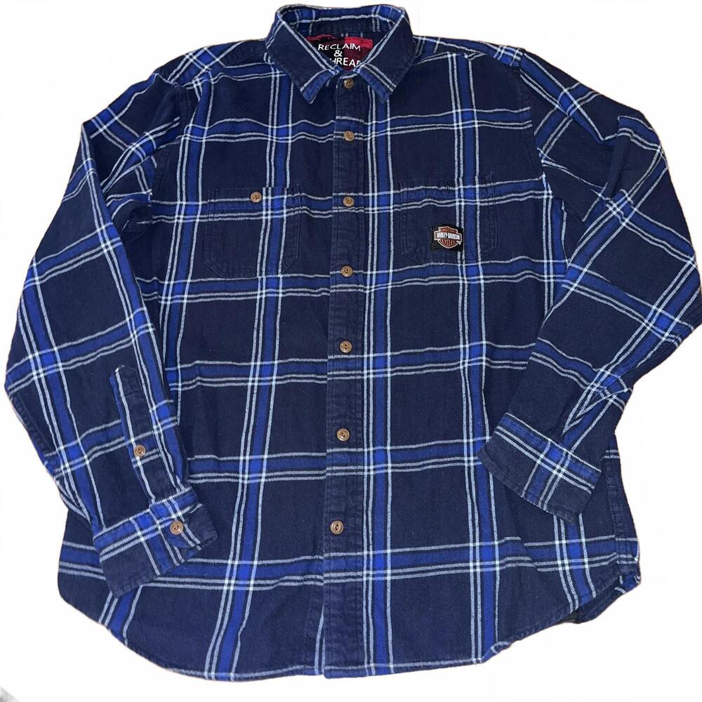 Reclaim & Rethread Harley Davidson Blue Plaid Button-Up Shirt Large Biker Grunge